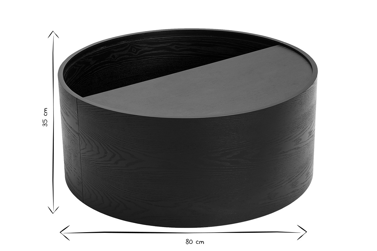 Table basse ronde en bois noir avec dimensions 80 cm x 35 cm, en noir et blanc.