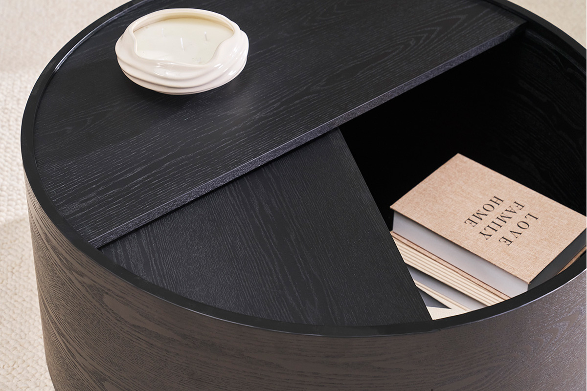 Table basse ronde bois noir avec plateau pivotant et rangement D80 cm DALI