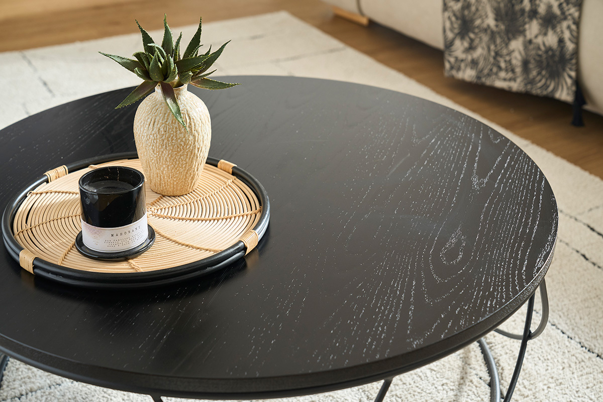 Table basse ronde bois noir et mtal noir D80 cm LACE
