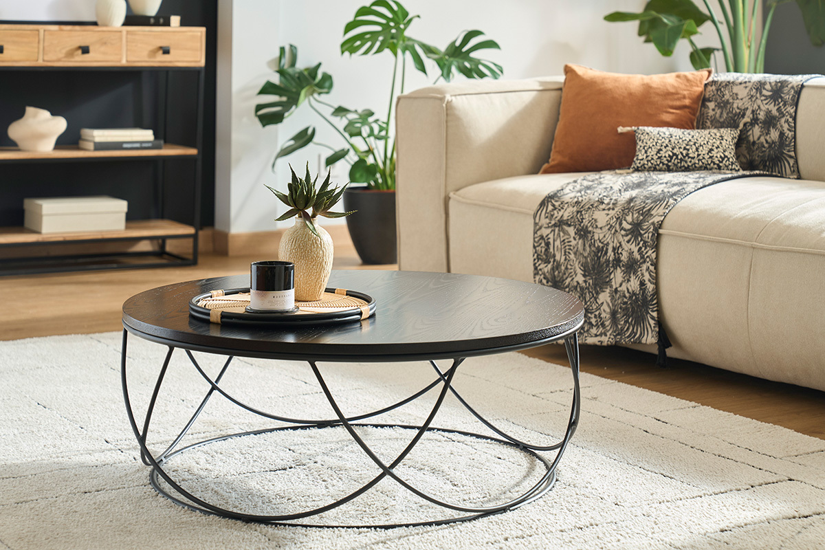 Table basse ronde bois noir et mtal noir D80 cm LACE