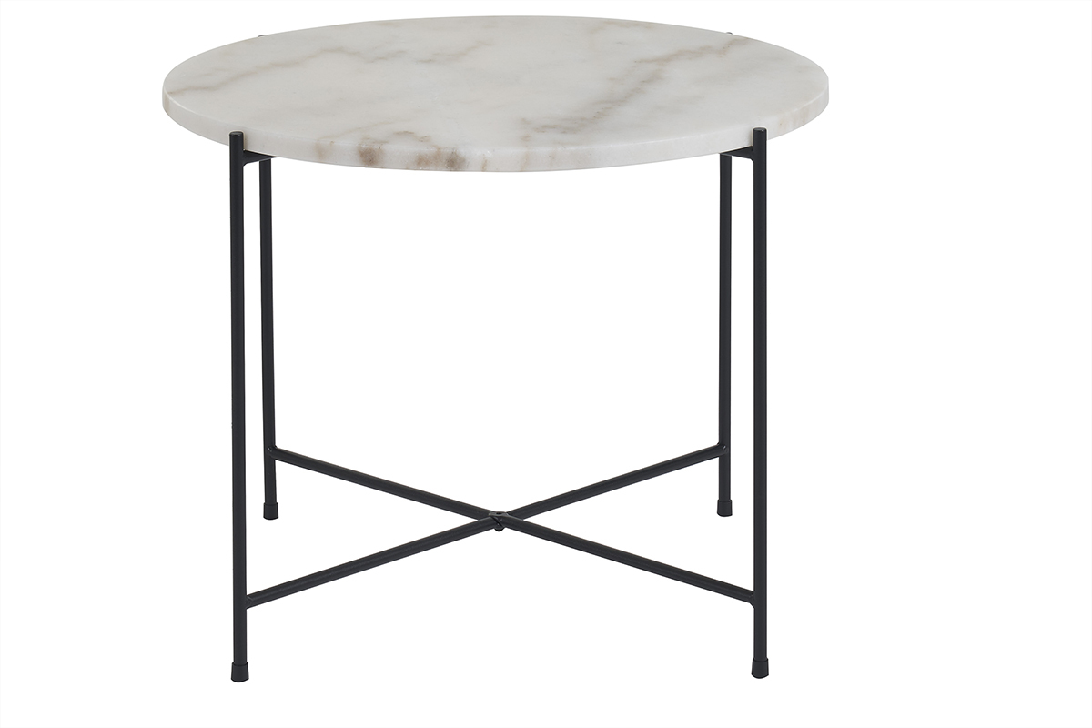 Table basse ronde design en marbre blanc et m�tal noir D52 cm SARDA