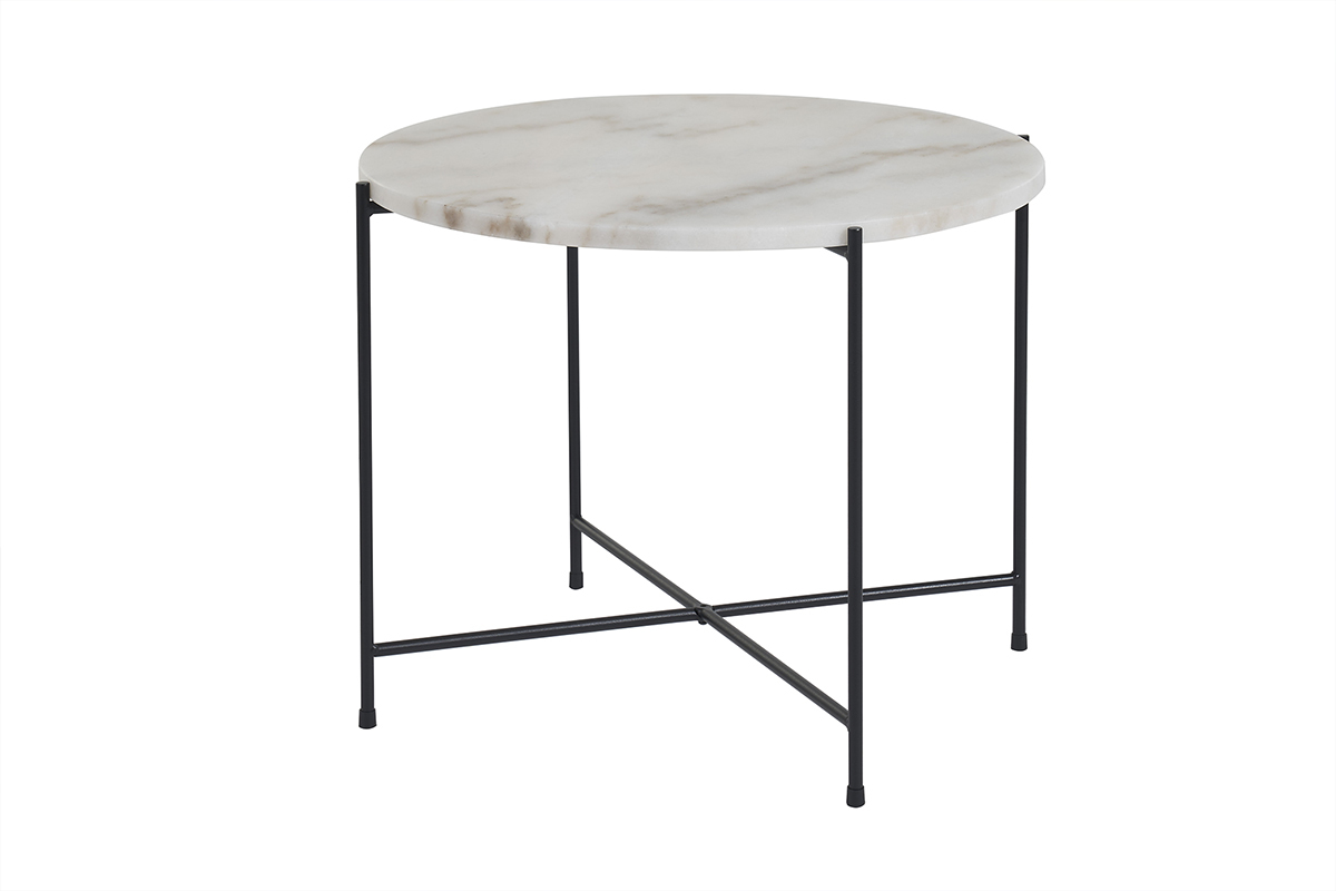 Table basse ronde design en marbre blanc et m�tal noir D52 cm SARDA