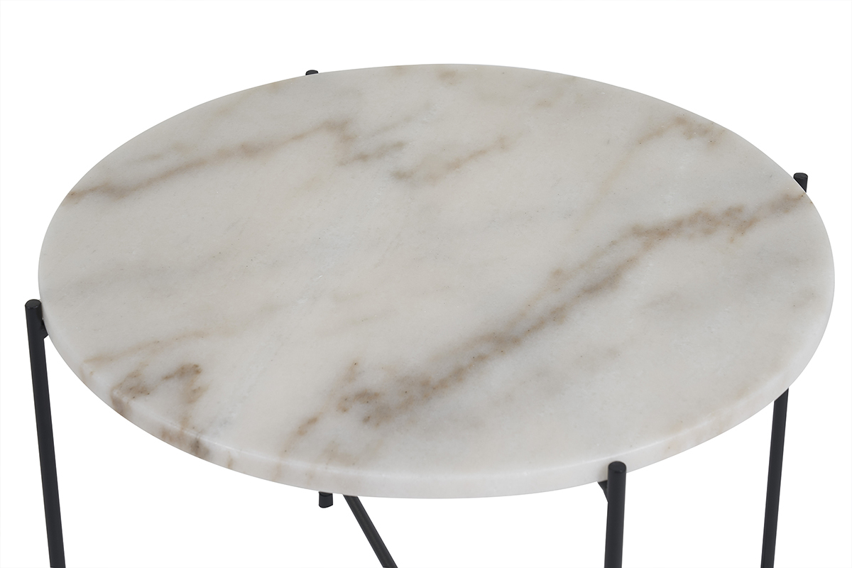 Table basse ronde design en marbre blanc et m�tal noir D52 cm SARDA