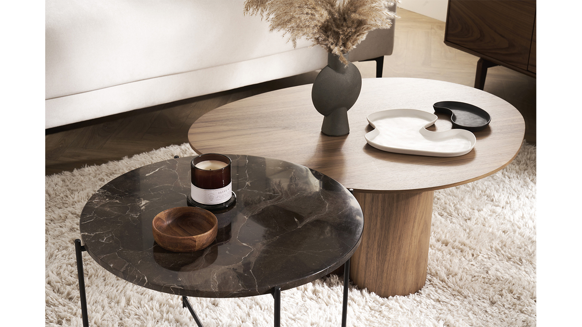 Table basse ronde design en marbre marron et métal noir D52 cm SARDA