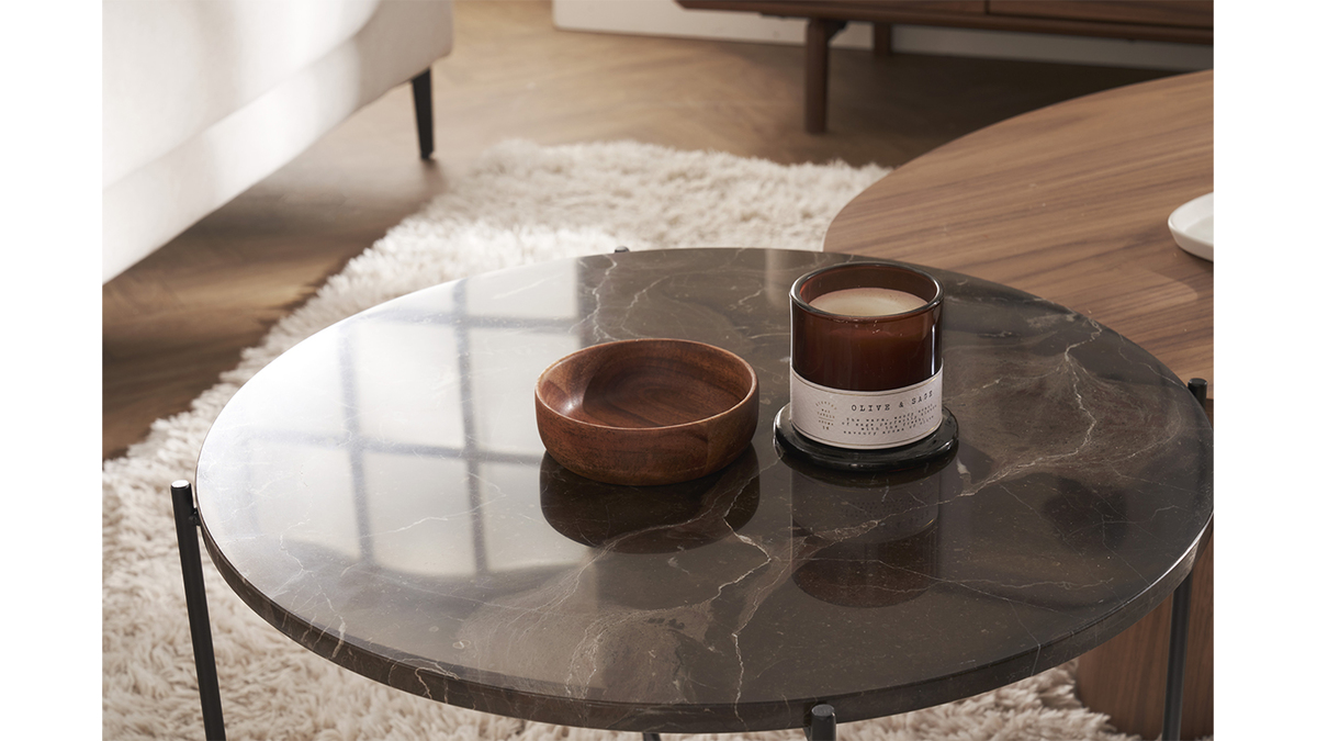 Table basse ronde design en marbre marron et métal noir D52 cm SARDA