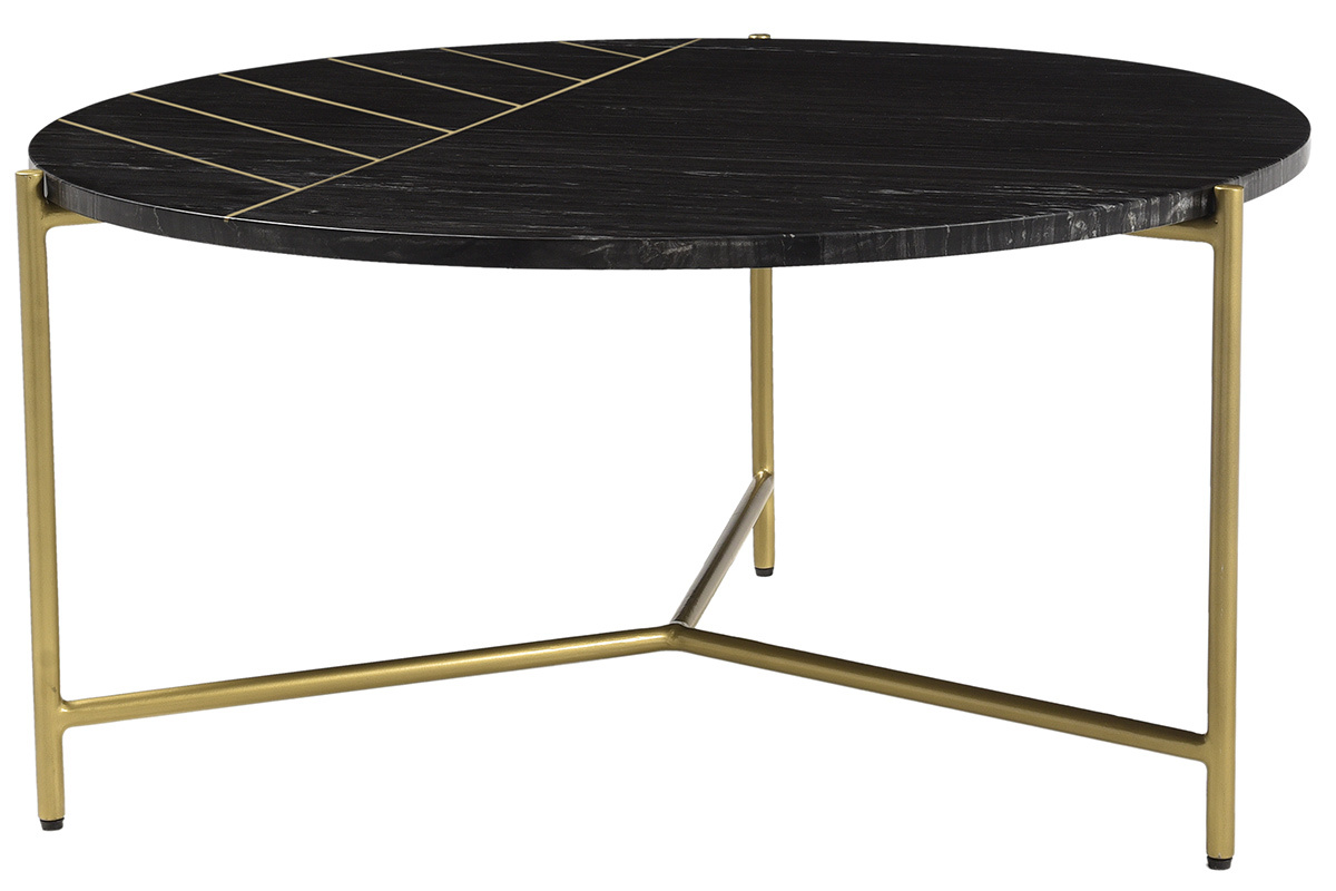 Table basse ronde design en marbre noir et laiton D90 cm SILLON