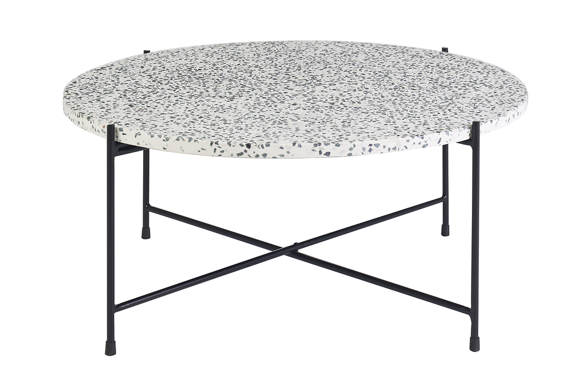 Table basse ronde en terrazzo avec pied en m�tal noir, vue de face