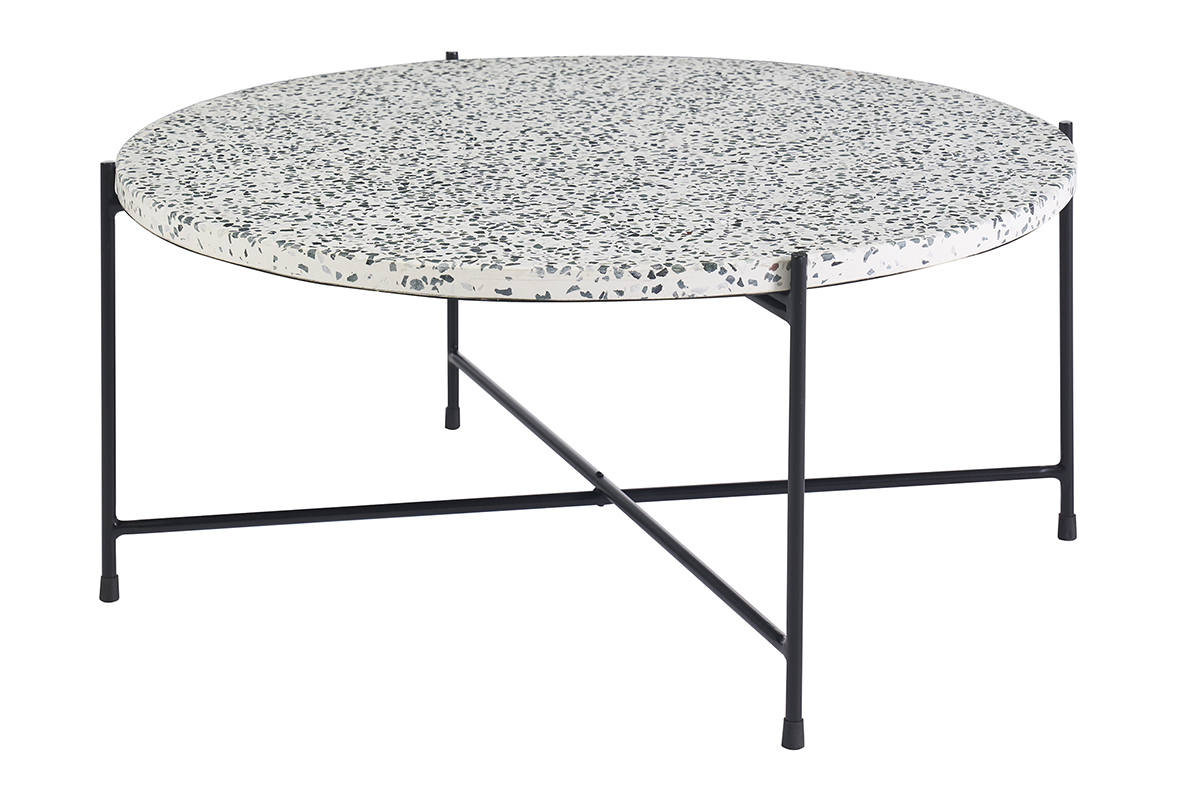 Table basse ronde en terrazzo et m�tal noir, vue de 3/4