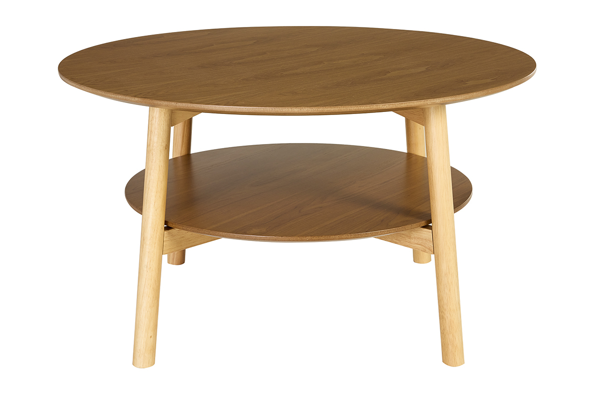 Table basse ronde en bois clair avec double plateau et pieds en h�v�a, vue d'angle.