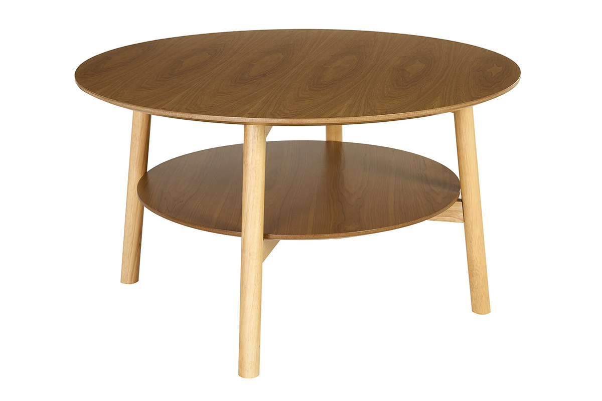 Table basse ronde en bois clair avec double plateau, vue de 3/4.