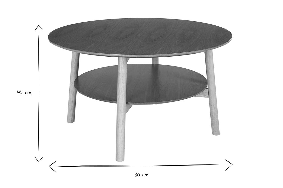 Dimensions de la table basse ronde MALVA, diam�tre 80 cm, hauteur 45 cm, en noir et blanc.