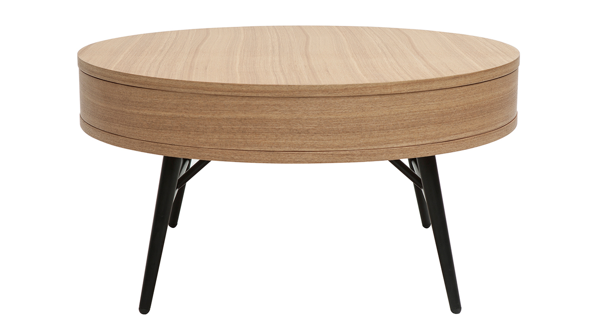 Table basse ronde en bois clair et métal noir avec tiroir D82 cm KORAL