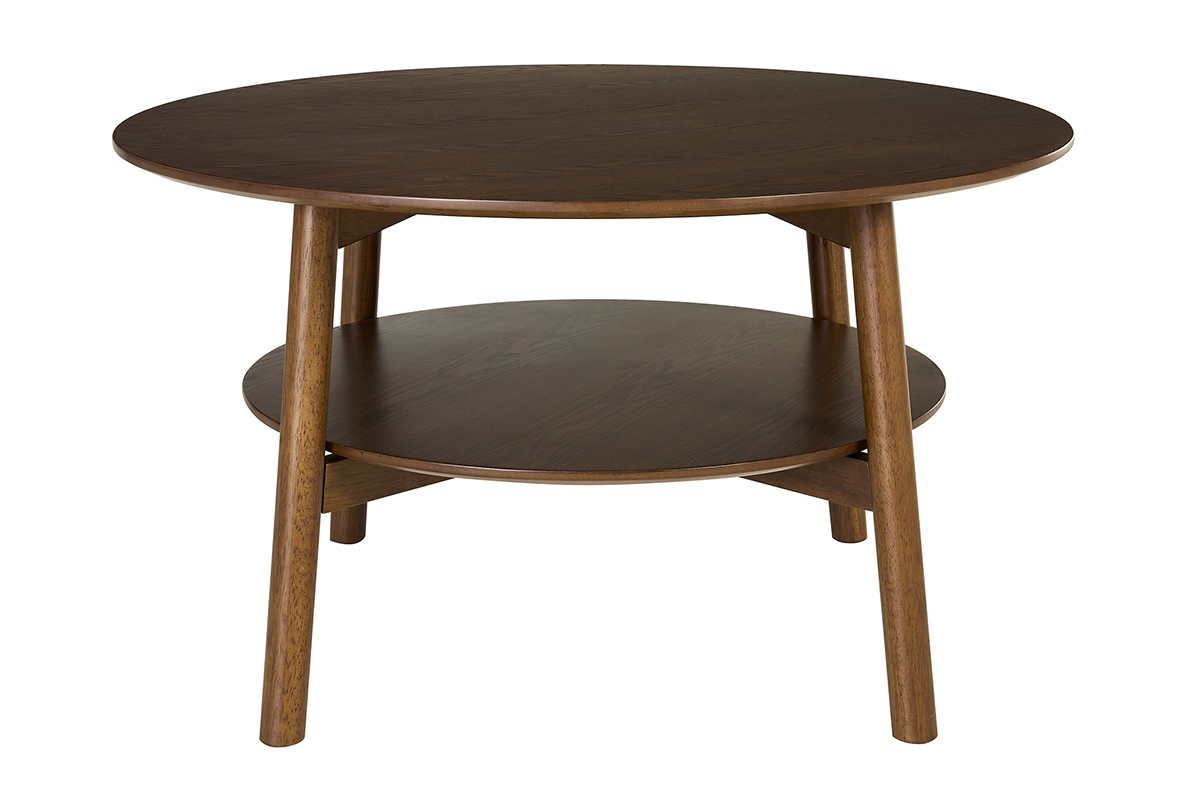 Table basse ronde en bois fonc�, double plateau, vue de face.
