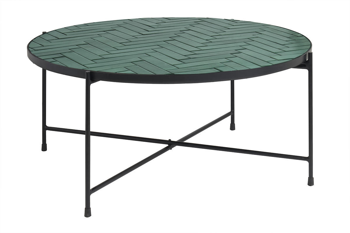 Table basse ronde en cramique vert fonc et mtal noir de 80.5 cm, modle KOTTA.