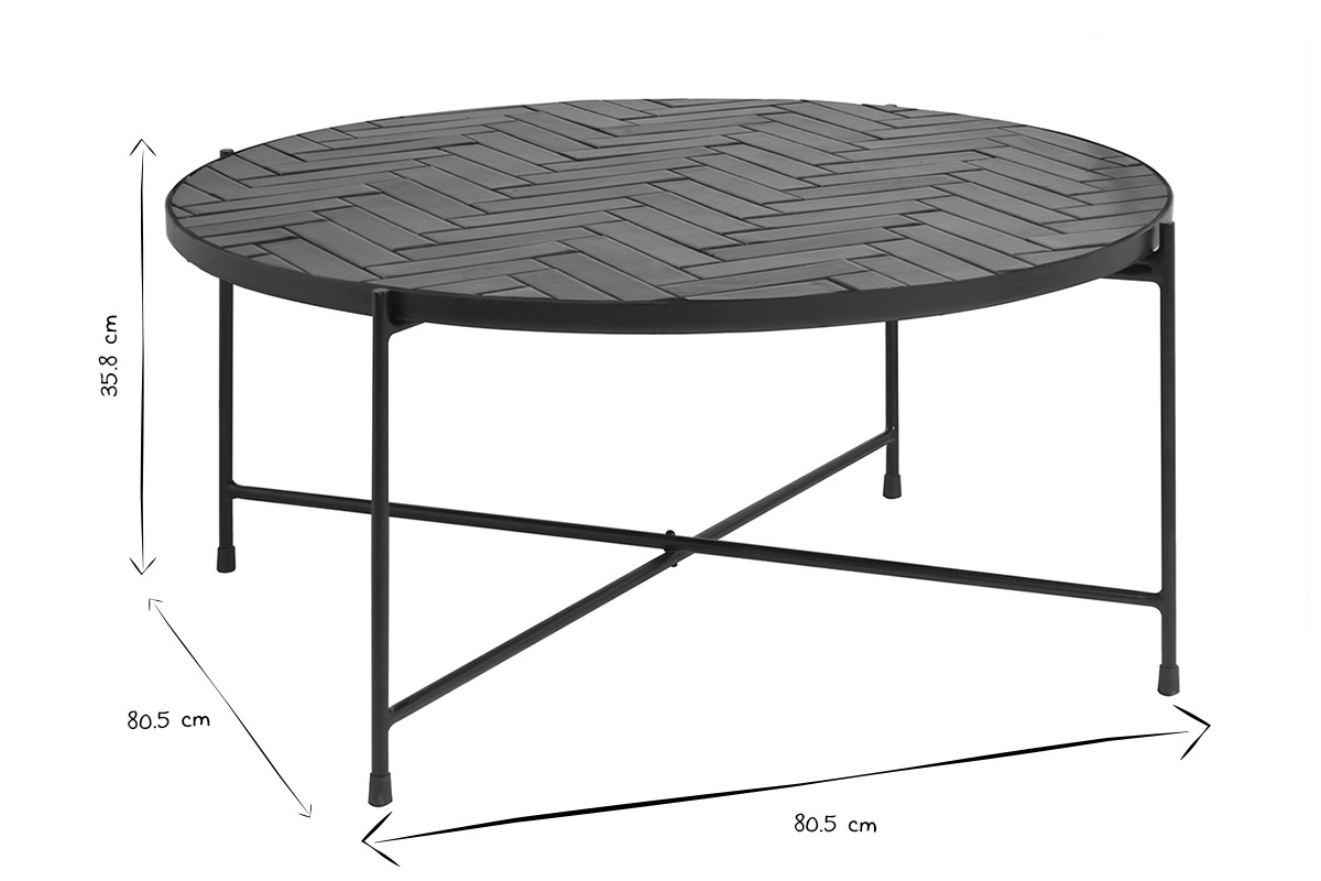 Table basse ronde en cramique vert fonc et mtal noir, 80.5 cm de diamtre, modle KOTTA, vue des dimensions.
