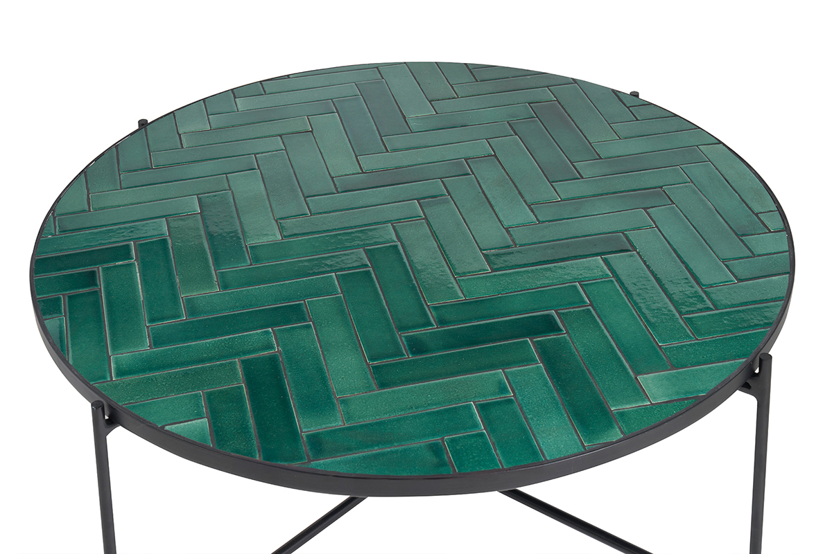 Table basse ronde en cramique vert fonc et mtal noir D80.5 cm KOTTA