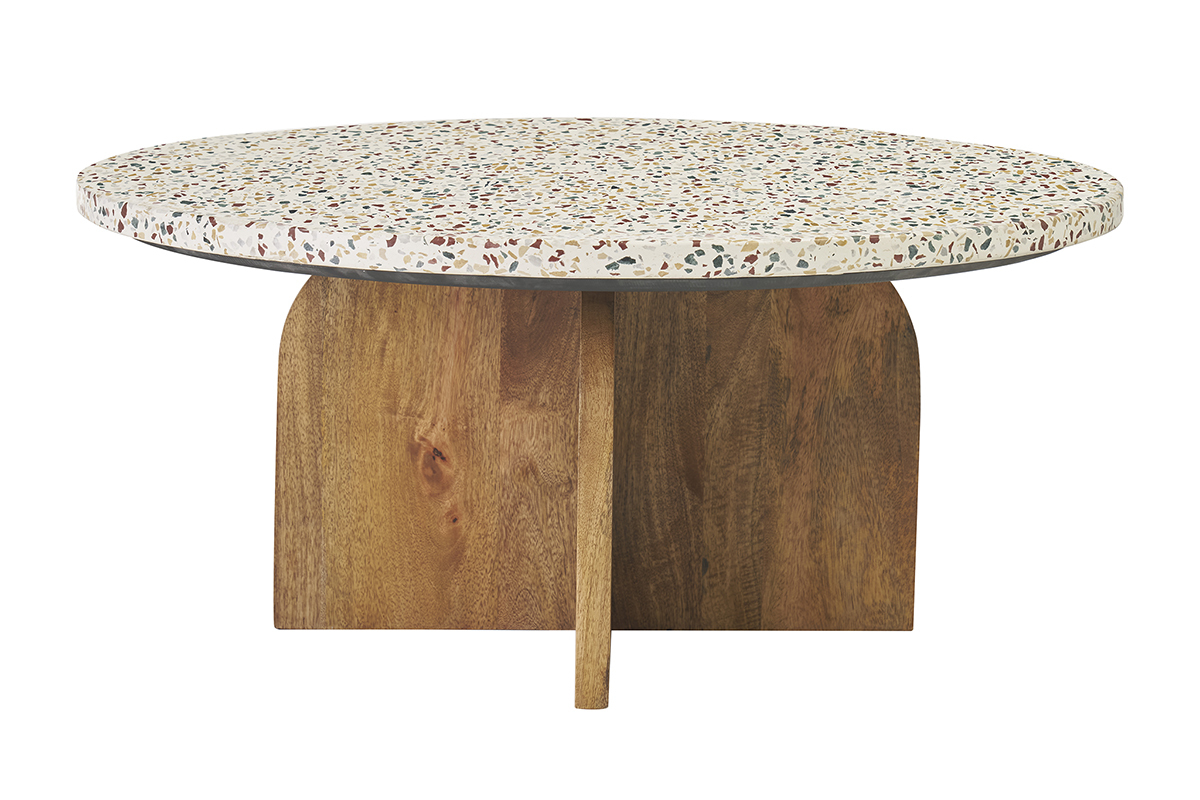 Table basse ronde en terrazzo et bois clair, vue de face.