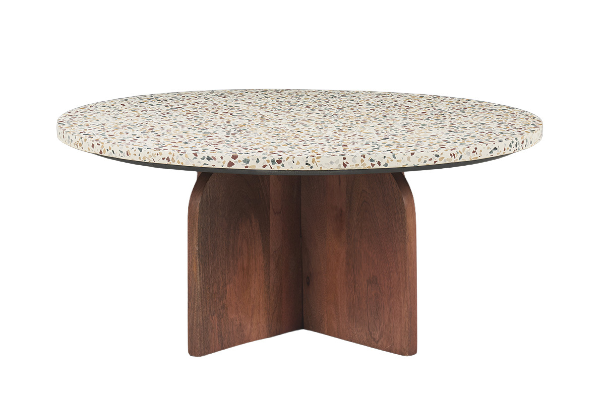 Table basse ronde terrazzo et manguier massif NESSA, vue de profil.