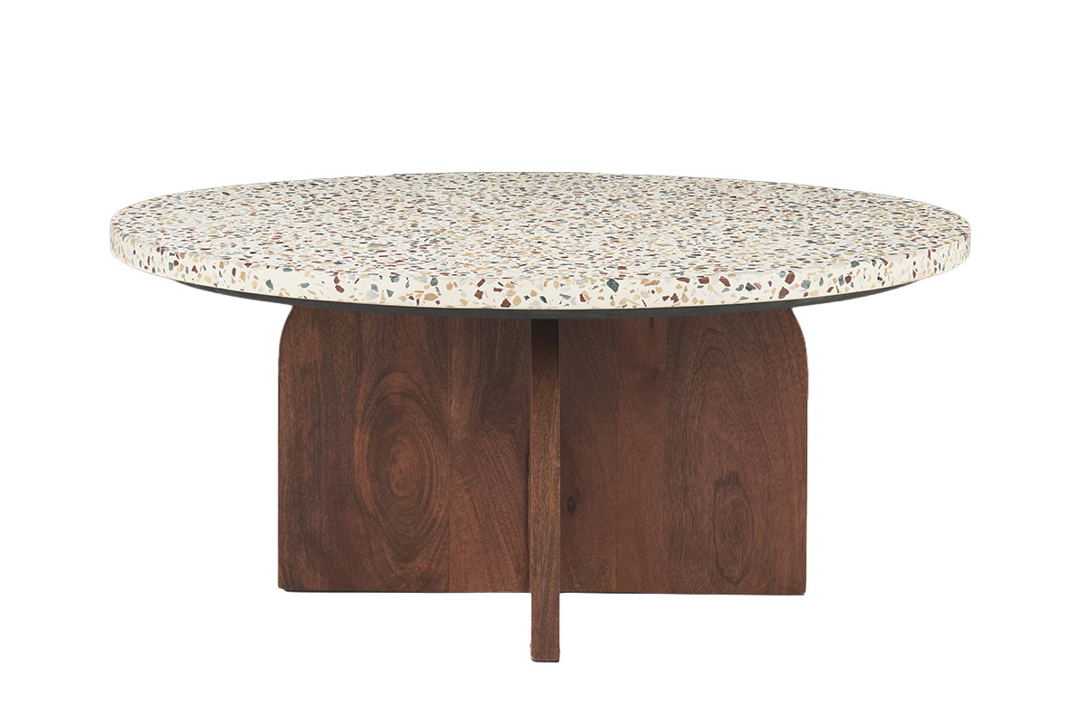 Table basse ronde en terrazzo et bois manguier, vue de face.