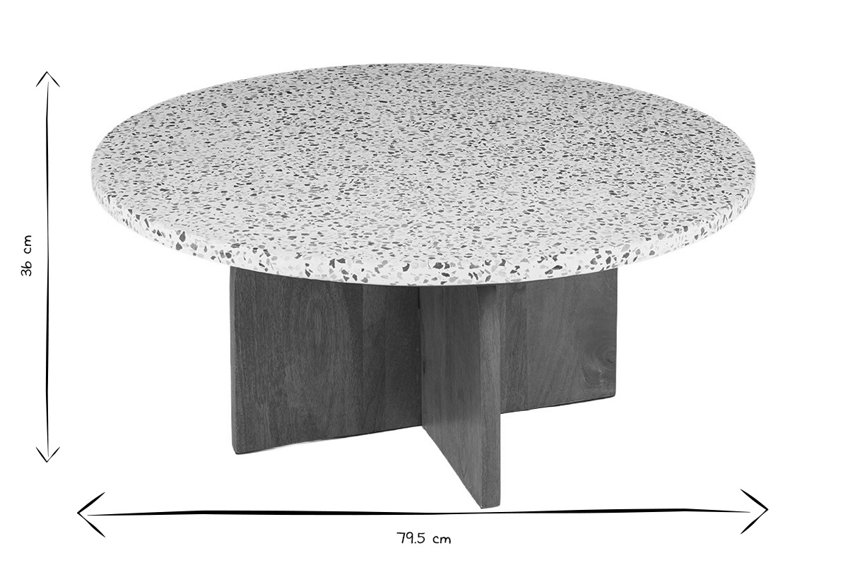 Table basse ronde en terrazzo et bois fonc�, dimensions 79.5 cm x 36 cm, vue de profil, noir et blanc.