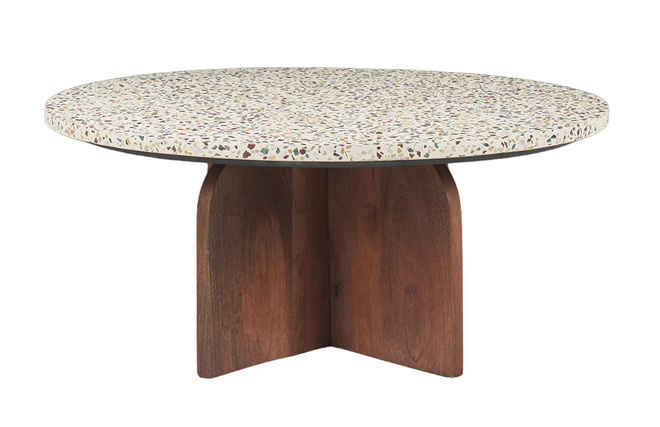 Table basse ronde en terrazzo et bois foncé manguier massif D79.5 cm NESSA