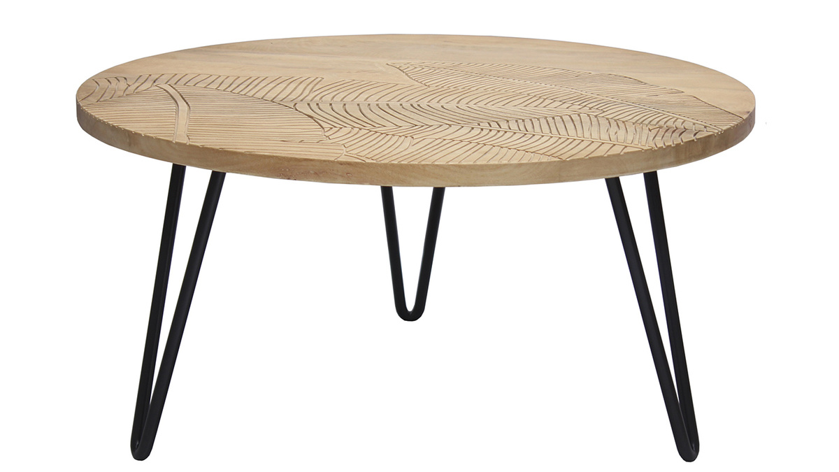 Table basse ronde gravée bois clair manguier massif et métal noir D80 cm VIBES