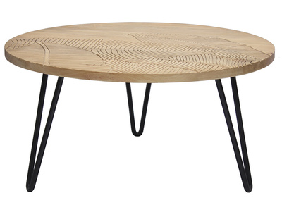 Table basse ronde gravée bois manguier massif et métal noir D80 cm VIBES