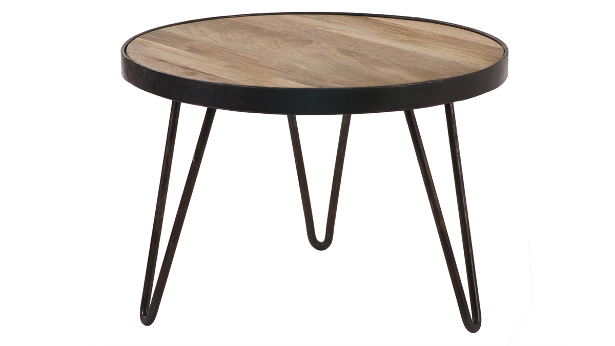 Table basse ronde industrielle bois clair manguier massif et métal noir D50 cm ATELIER