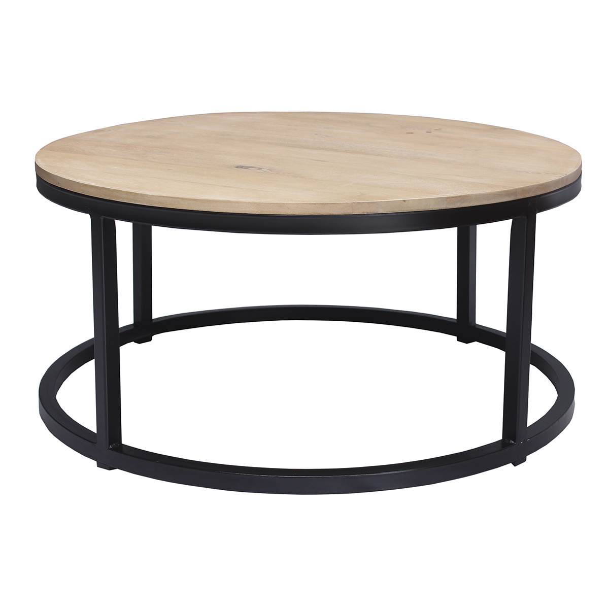Table basse ronde industrielle  bois clair manguier massif et métal noir D80 cm FACTORY vue1