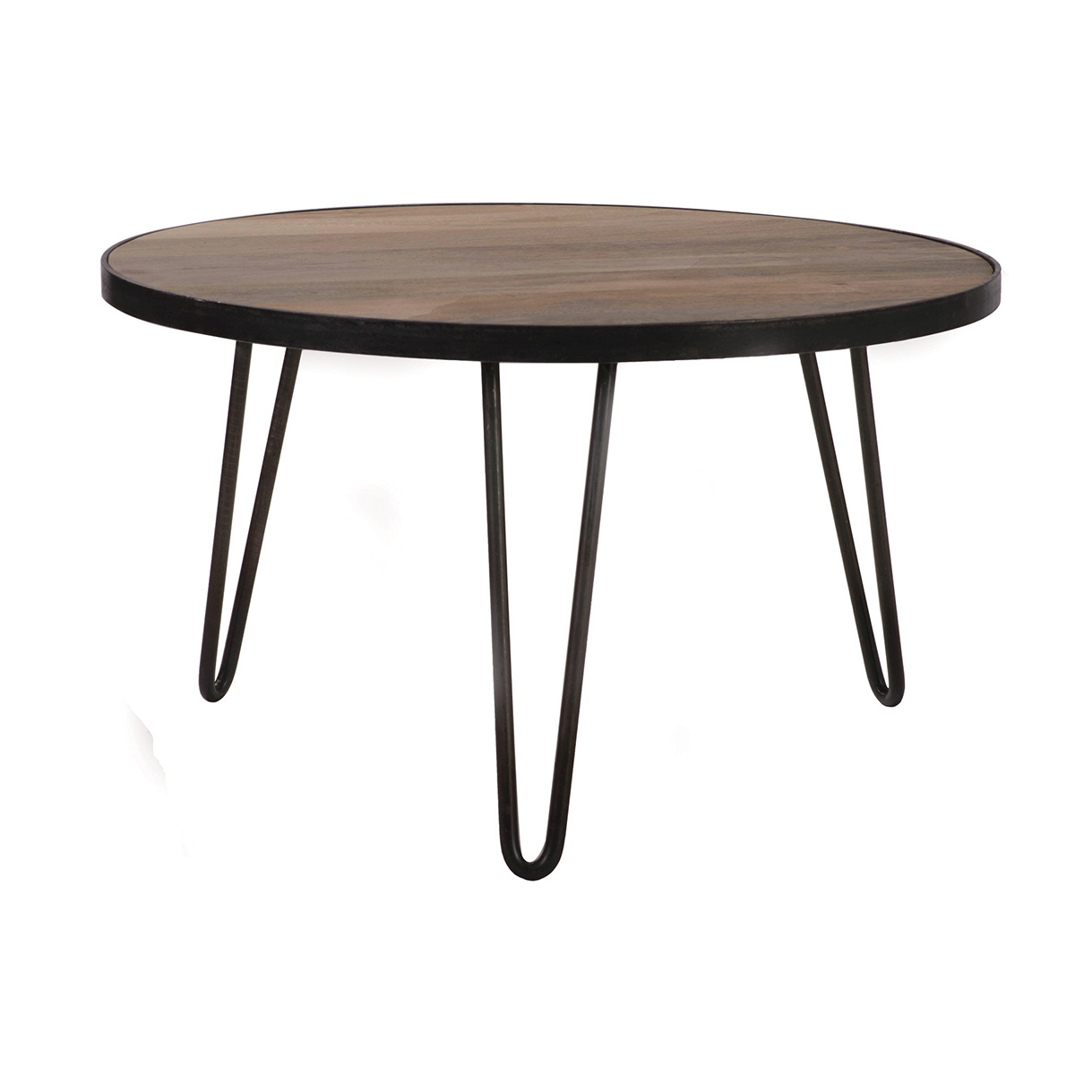 Table basse ronde industrielle bois manguier massif et métal noir L80 cm ATELIER vue1