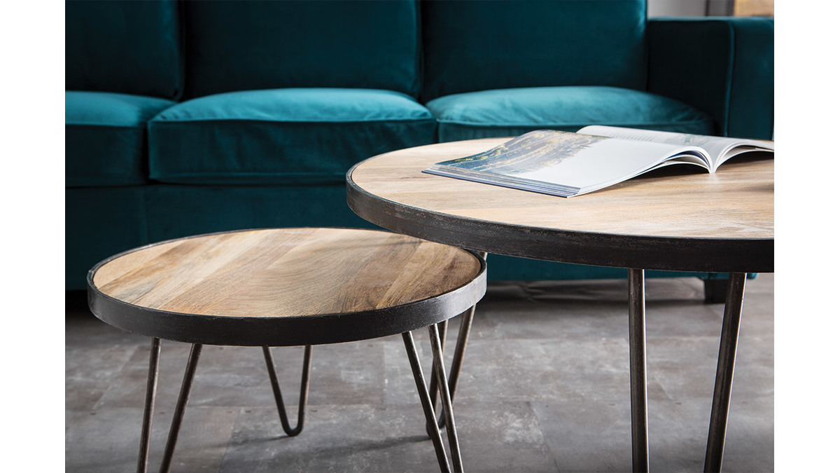 Table basse ronde industrielle en manguier massif D50 x H35 cm ATELIER