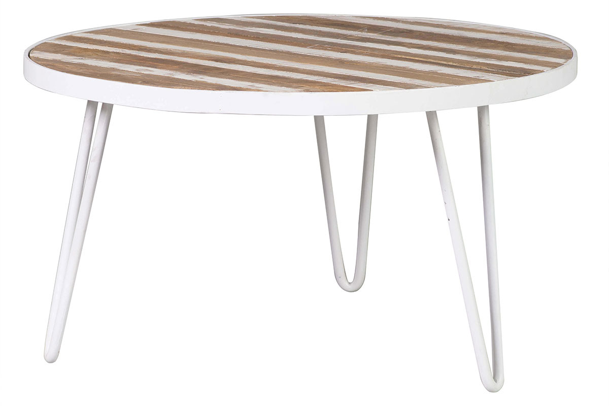 Table basse ronde manguier massif et m�tal blanc L80 x H45 cm ROCHELLE