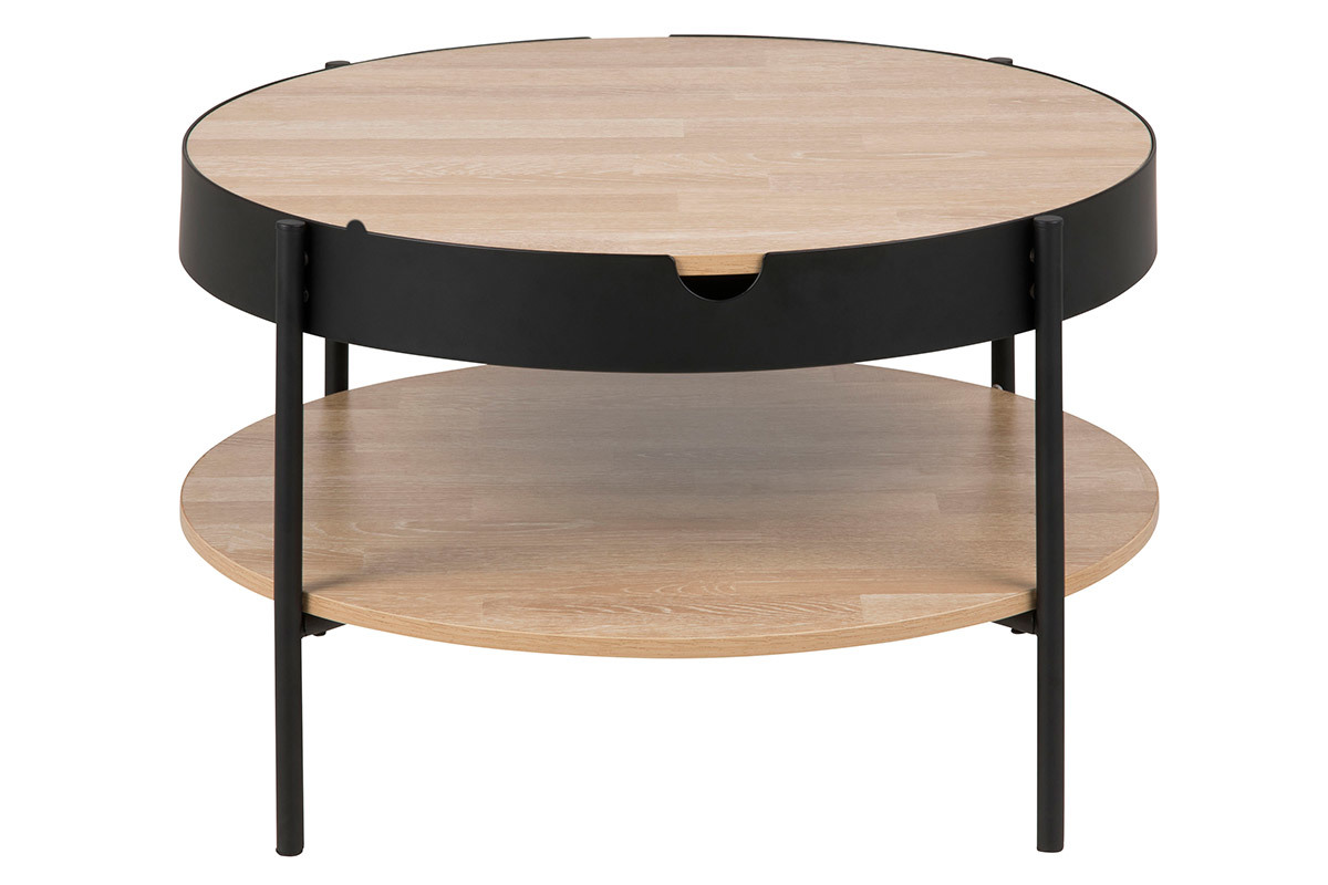 Table basse ronde placage bois et mtal noir D75 cm SUZIE