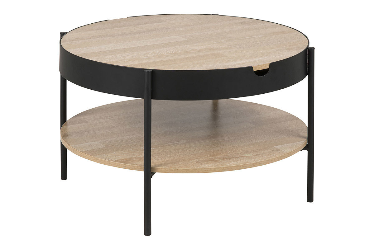 Table basse ronde placage bois et mtal noir D75 cm SUZIE