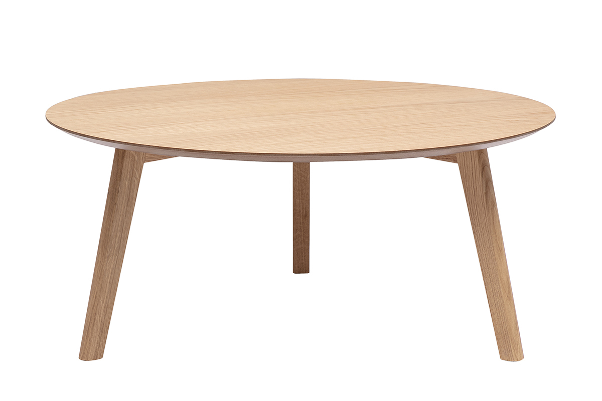 Table basse ronde scandinave bois clair ch�ne D90 cm ORKAD, vue de face.