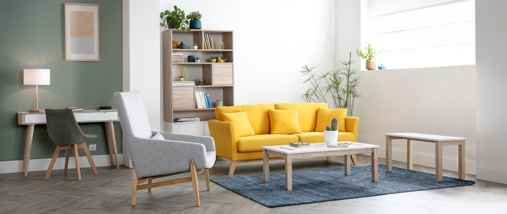 Table basse scandinave avec banc intégré blanc et bois clair CYBEL ...
