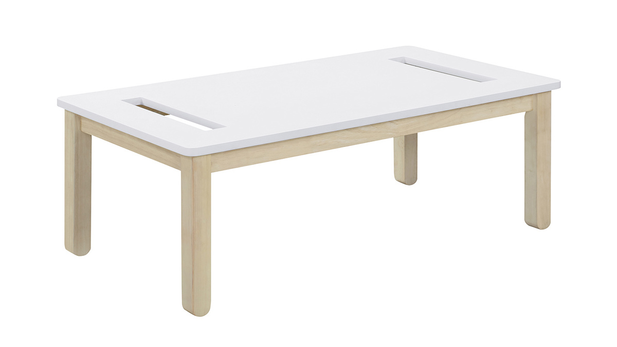 Table basse scandinave avec banc intégré blanc et bois clair L110 cm CYBEL