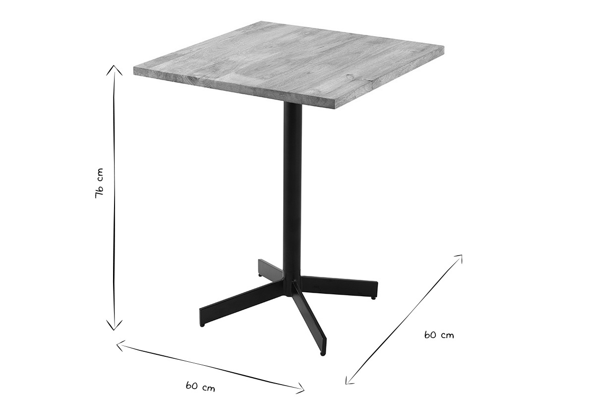 Dimensions de la table bistrot carr�e en bois et m�tal noir, D60 cm, vue de c�t�