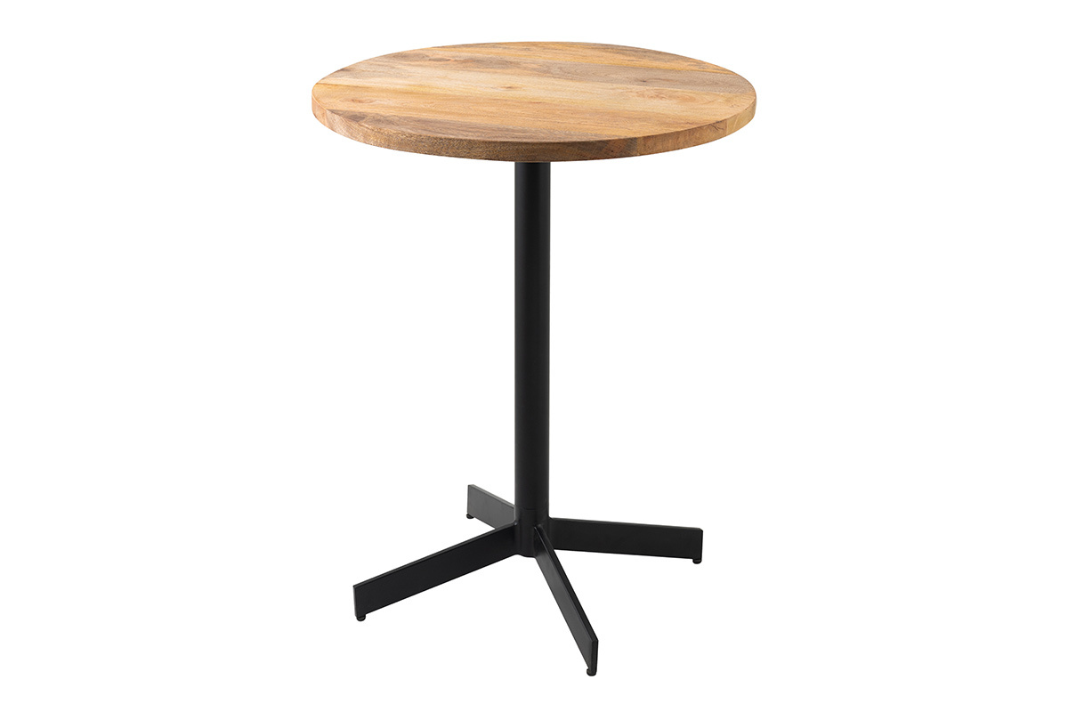 Table bistrot ronde en bois massif et m�tal noir, vue de 3/4, D60 cm, mod�le MEERA.