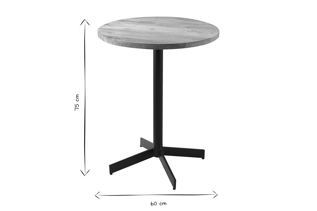 Dimensions de la table bistrot ronde en bois massif et m�tal noir, hauteur 75 cm, diam�tre 60 cm, image en noir et blanc.