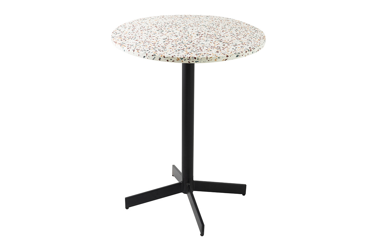 Table bistrot ronde en terrazzo avec pied en m�tal noir, vue de biais.