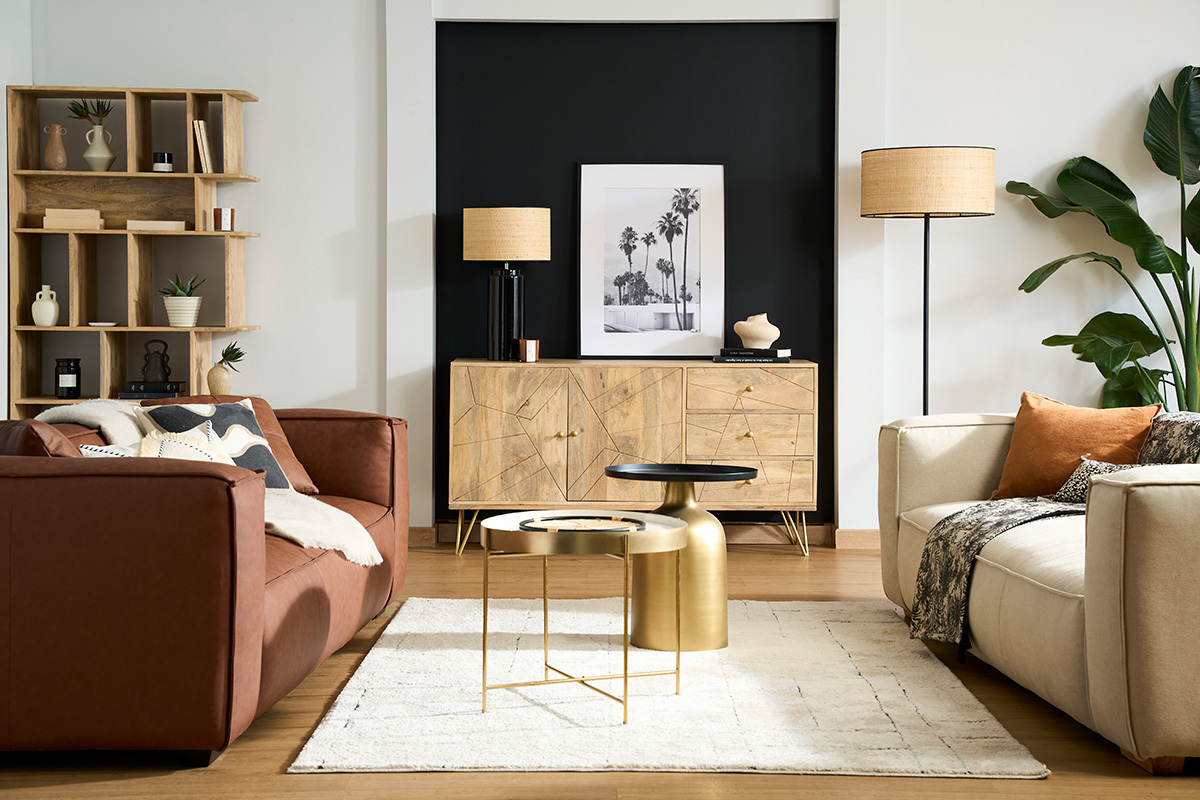 Table d'appoint design ronde en mtal dor et plateau noir mat RAMSES