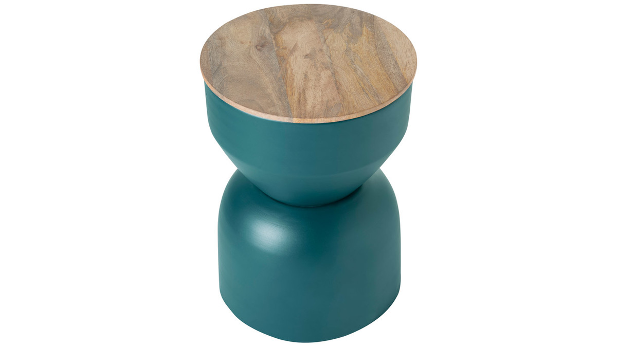 Table d'appoint ronde design avec rangement en métal bleu canard et bois manguier massif D30 cm YOYO