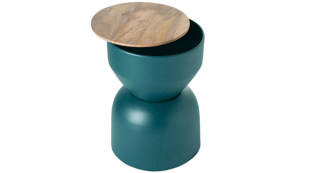 Table d'appoint ronde design avec rangement en métal bleu canard et bois manguier massif D30 cm YOYO