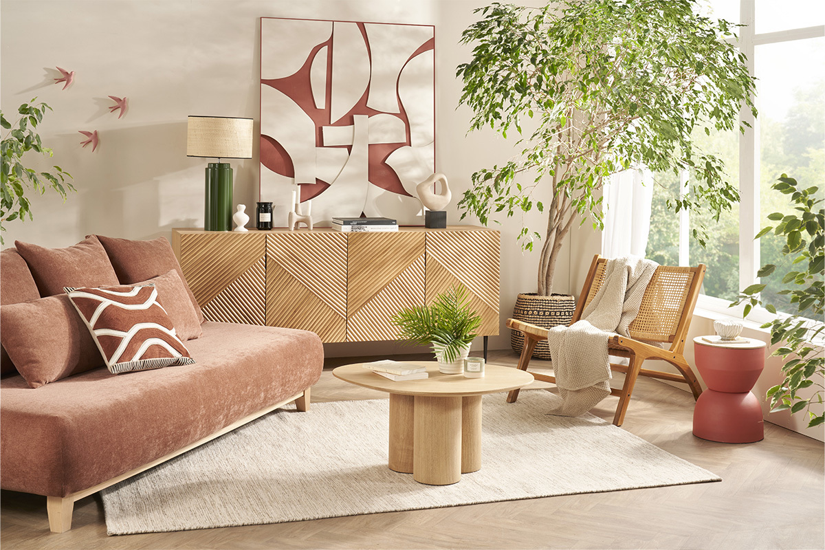 Table d'appoint ronde design avec rangement en mtal vert cladon et bois manguier massif D30 cm YOYO