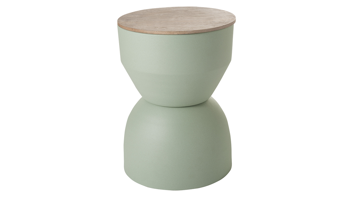 Table d'appoint ronde design avec rangement en métal vert céladon et bois  manguier massif D30 cm YOYO - Miliboo
