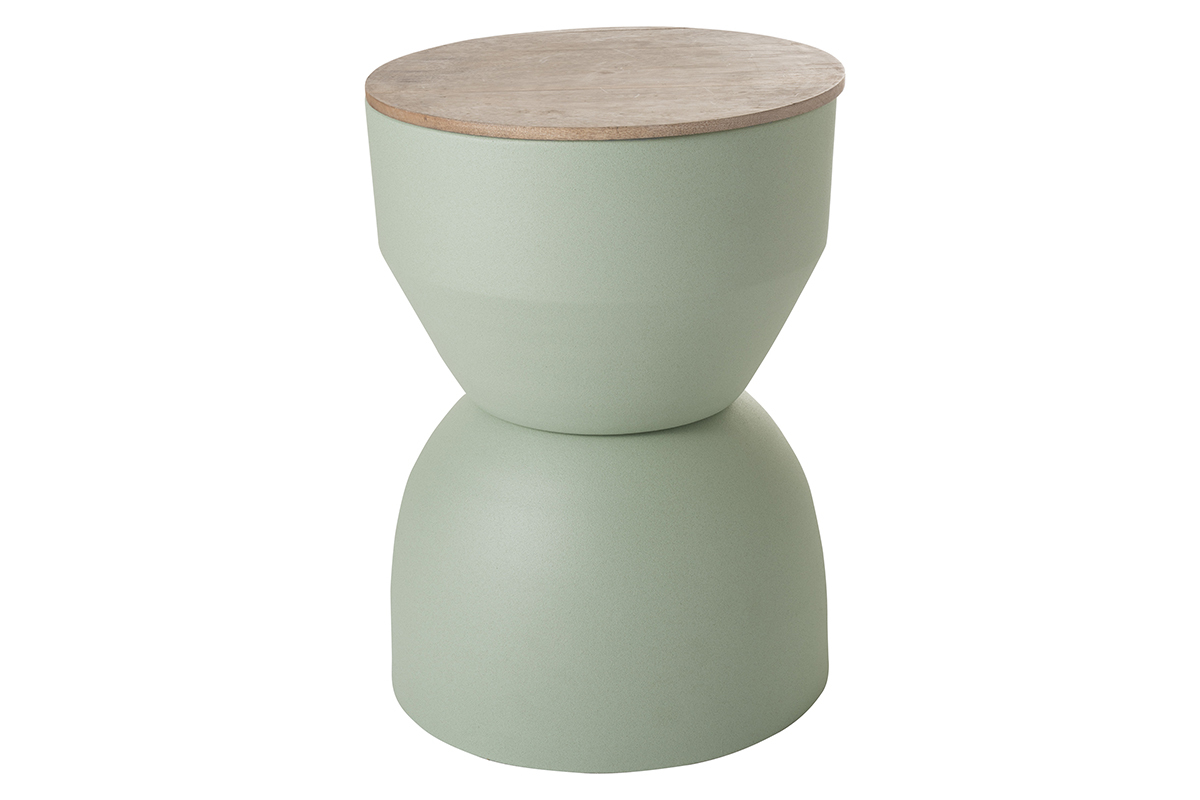 Table d'appoint ronde design avec rangement en mtal vert cladon et bois manguier massif D30 cm YOYO
