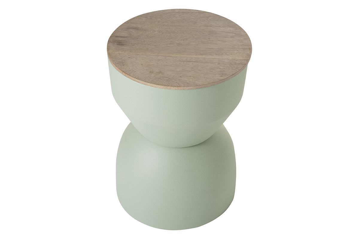Table d'appoint ronde design avec rangement en mtal vert cladon et bois manguier massif D30 cm YOYO
