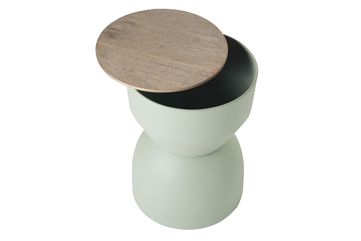 Table d'appoint ronde design avec rangement en mtal vert cladon et bois manguier massif D30 cm YOYO