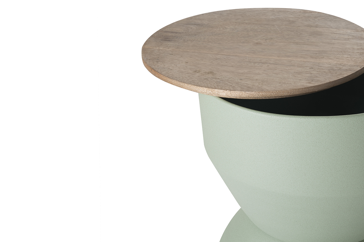 Table d'appoint ronde design avec rangement en mtal vert cladon et bois manguier massif D30 cm YOYO